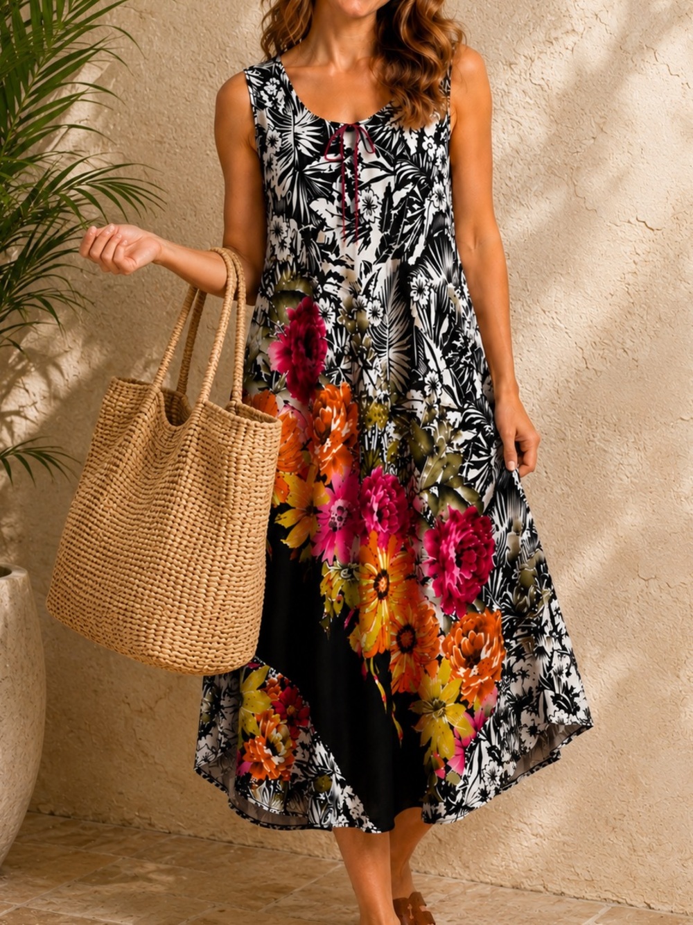 Papa Vancouver Tropical Floral Rayon Swing Dress Midi A-Line Large